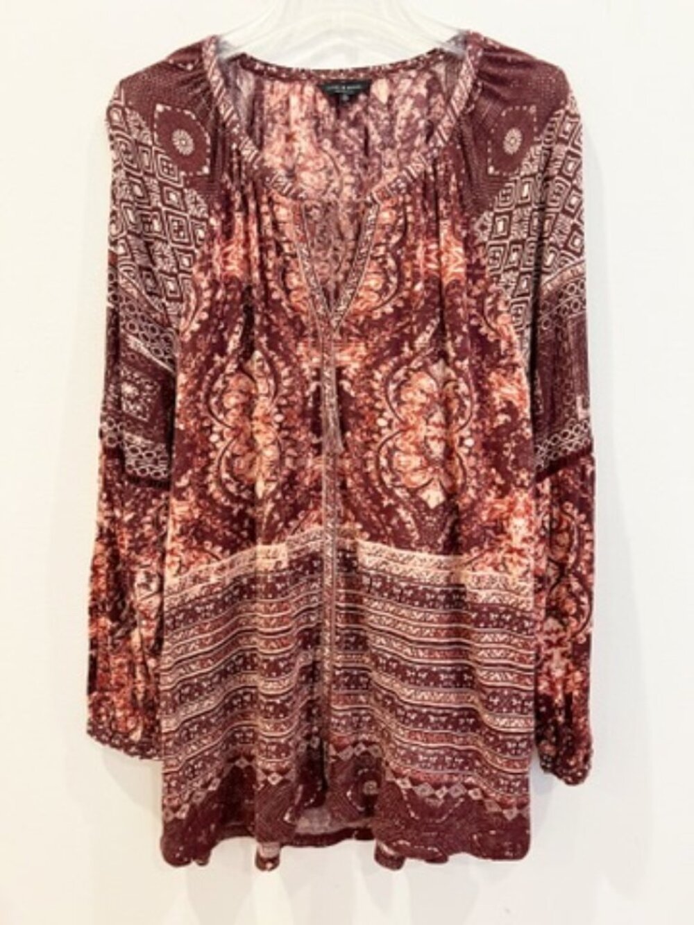 Lucky Brand Top Womens 3X Red Floral Geometric Long Sleeve Boho Tassels Crochet